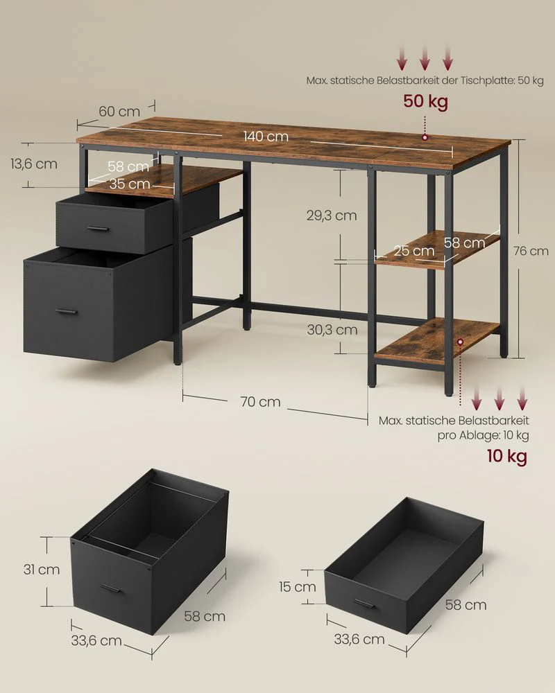 Vintage Bureau 140 of 160 cm – Industrieel Design met Laden en Planken – Tot 50 kg Draagvermogen - Image 9