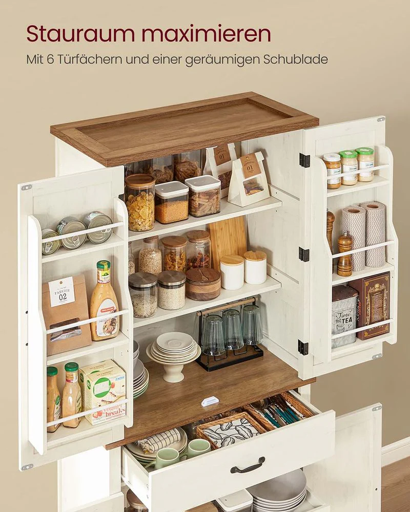 Voorraadkast met Lade en Uittrekbaar Vak – 80 cm Breed – Verstelbare Planken – Vintage Wit - Image 3