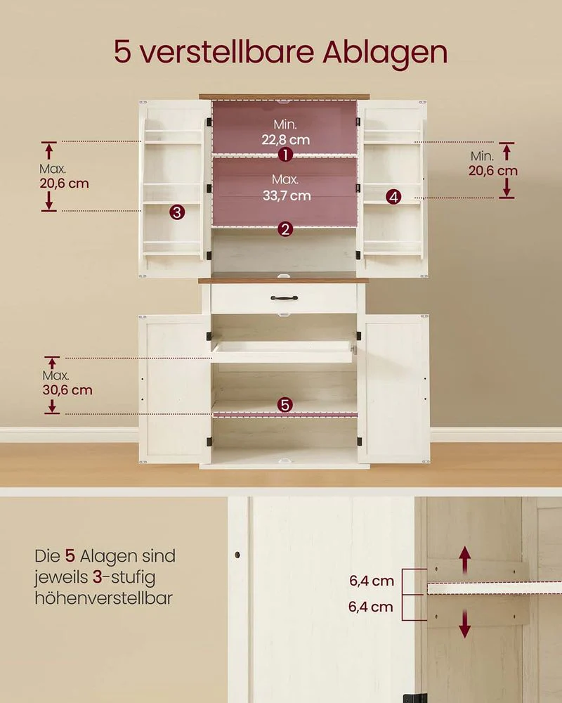 Voorraadkast met Lade en Uittrekbaar Vak – 80 cm Breed – Verstelbare Planken – Vintage Wit - Image 5