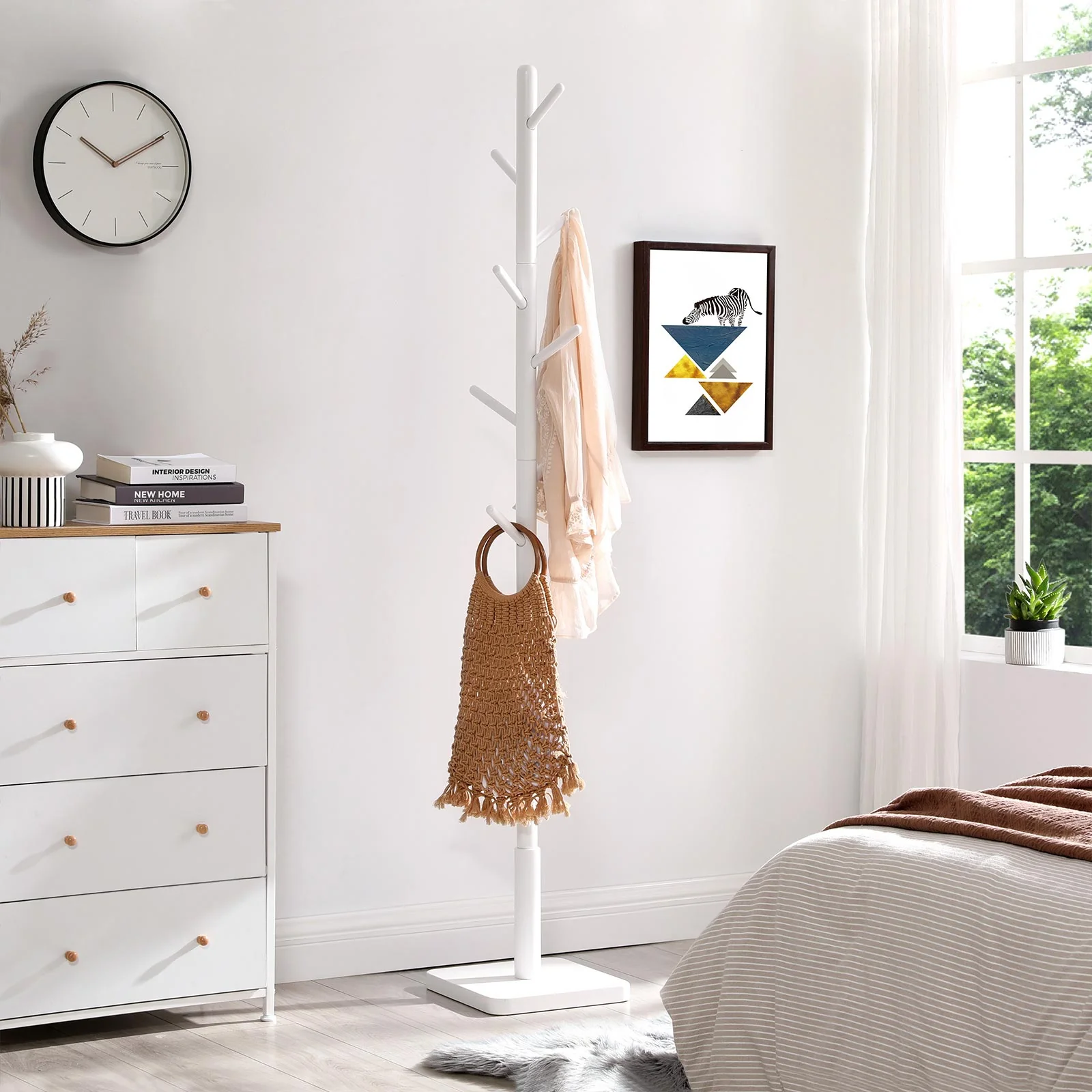 Vrijstaande Kapstok – Modern Design – 8 Haken – Massief Rubberhout – 30 x 30 x 175 cm – Wit - Image 3