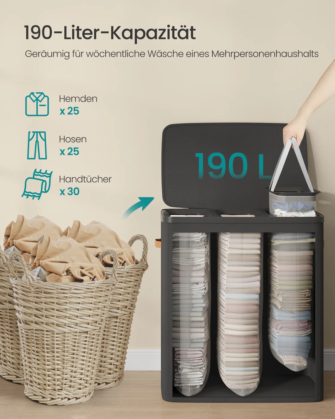 Wasmanden – 170 liter – 2 Compartimenten – met Deksel – Handgrepen - Image 3