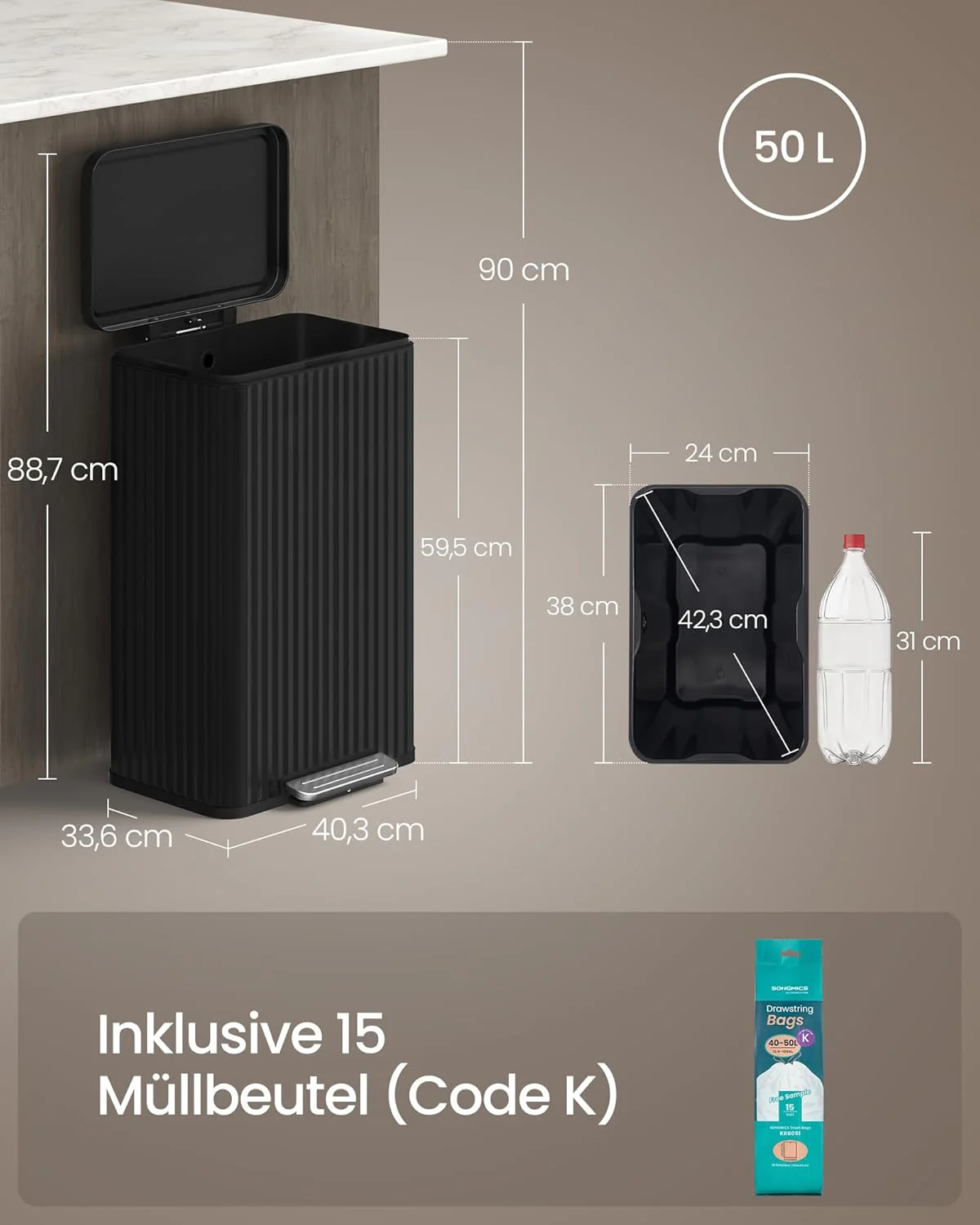 Vuilnisemmer Keuken – 50 Liter – Pedaalemmer Met Softclose Deksel – Stalen Binnenemmer – Inclusief 15 Vuilniszakken - Image 7