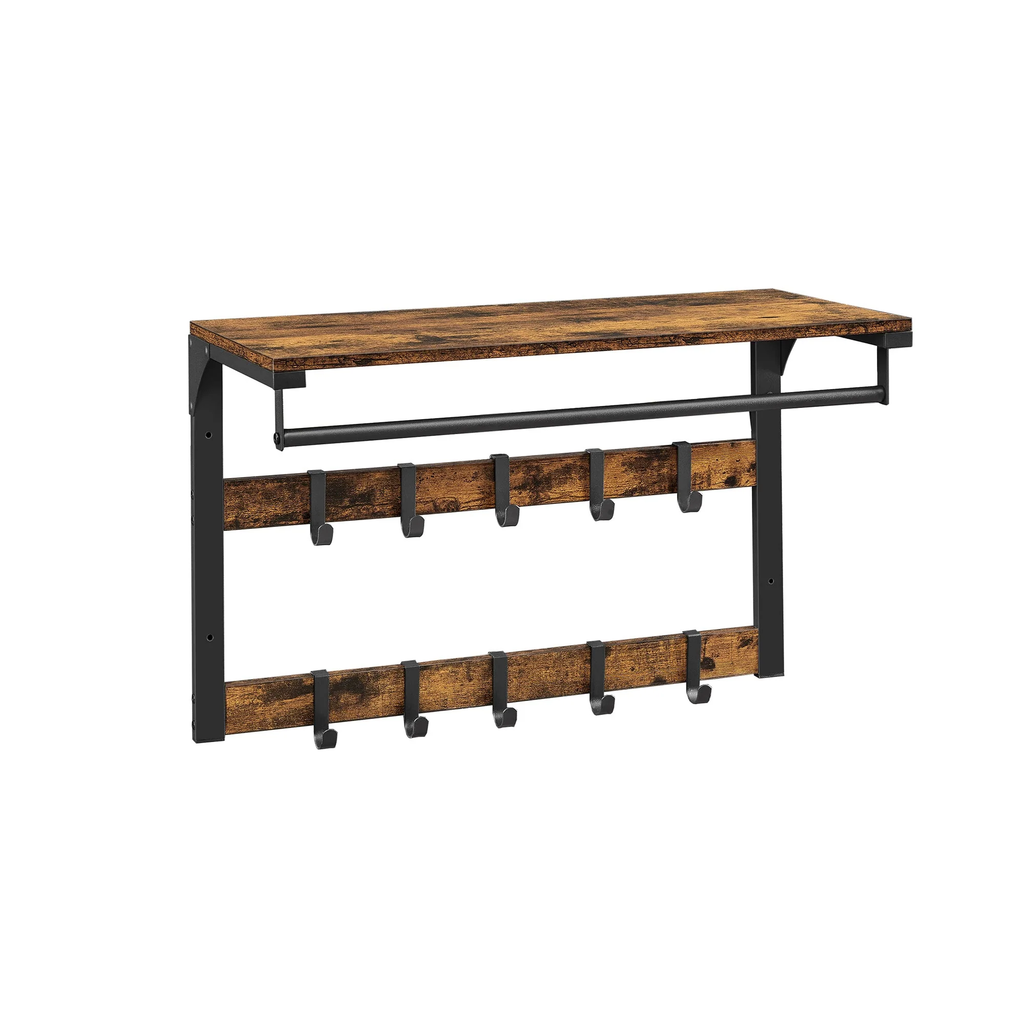 Wandkapstok – Industrieel Design – Met Legplank, Kledingstang en 10 Haken – Ruimtebesparend Wandrek