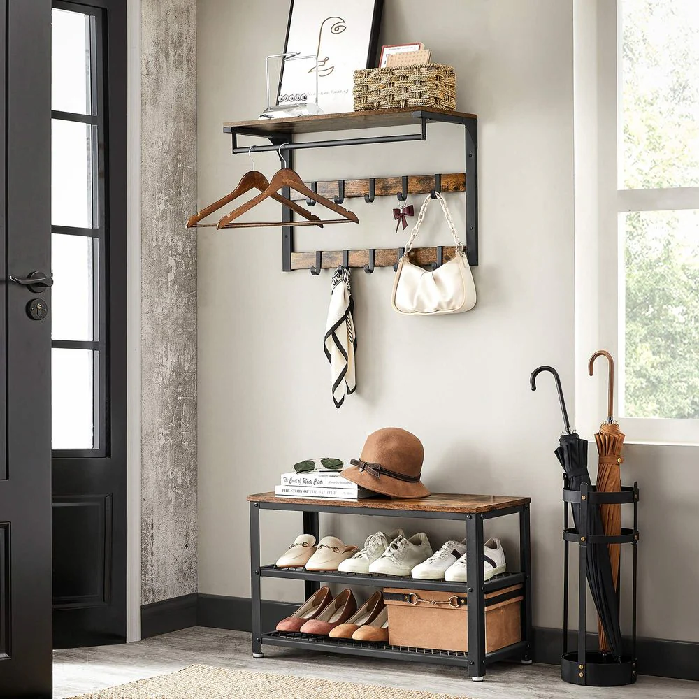 Wandkapstok – Industrieel Design – Met Legplank, Kledingstang en 10 Haken – Ruimtebesparend Wandrek - Image 6