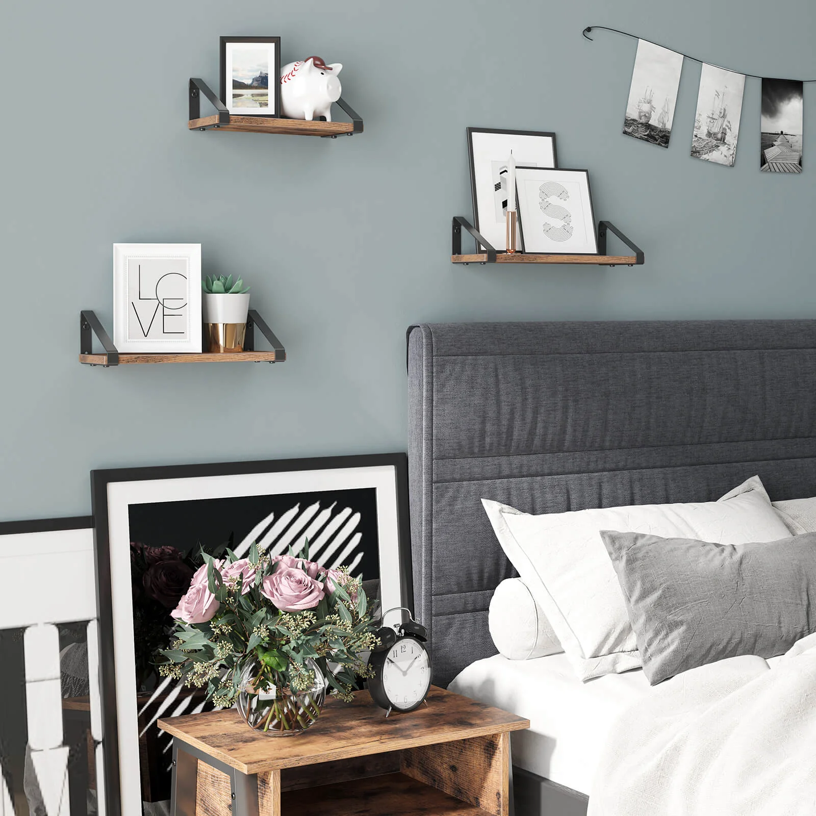 Wandplanken Set van 3 – Industrieel Zwevend Wandrek – Houtlook met Metalen Beugels – Voor Woonkamer, Badkamer of Keuken – Rustiek Bruin - Image 4