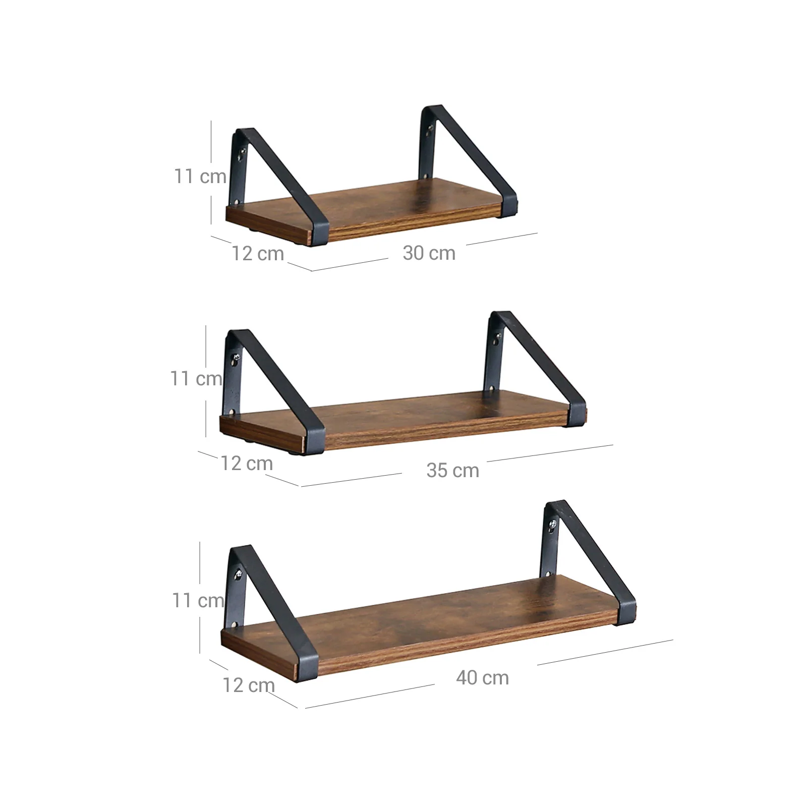 Wandplanken Set van 3 – Industrieel Zwevend Wandrek – Houtlook met Metalen Beugels – Voor Woonkamer, Badkamer of Keuken – Rustiek Bruin - Image 5