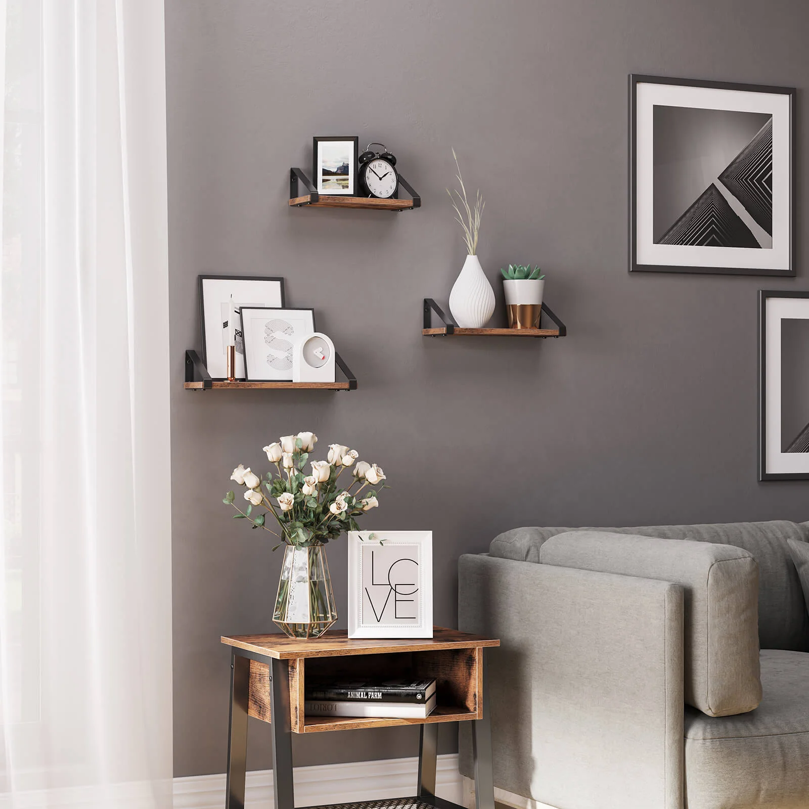 Wandplanken Set van 3 – Industrieel Zwevend Wandrek – Houtlook met Metalen Beugels – Voor Woonkamer, Badkamer of Keuken – Rustiek Bruin - Image 6