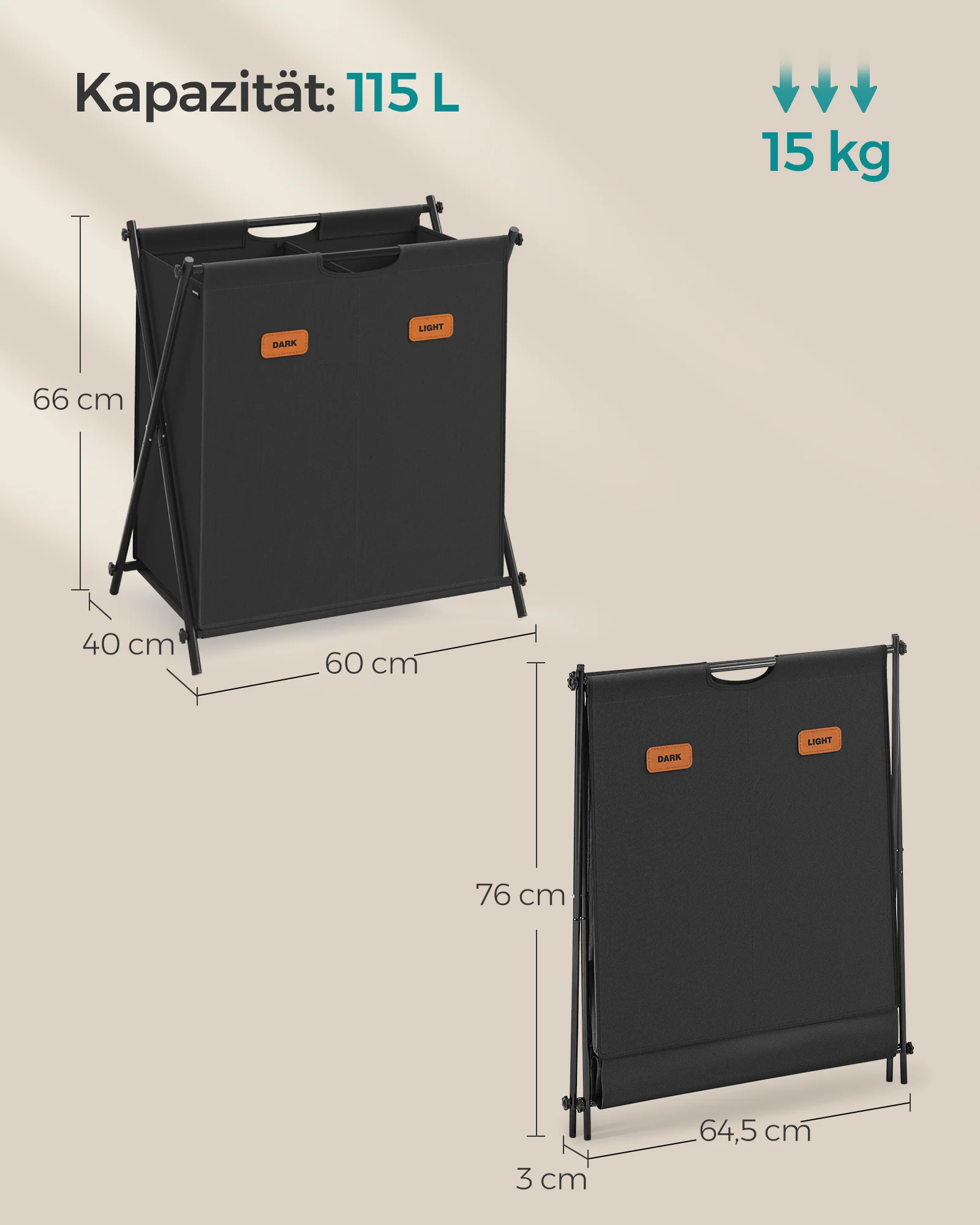 Wasmand – 2 compartimenten – Opvouwbaar – 600D Oxford-stof - Image 5