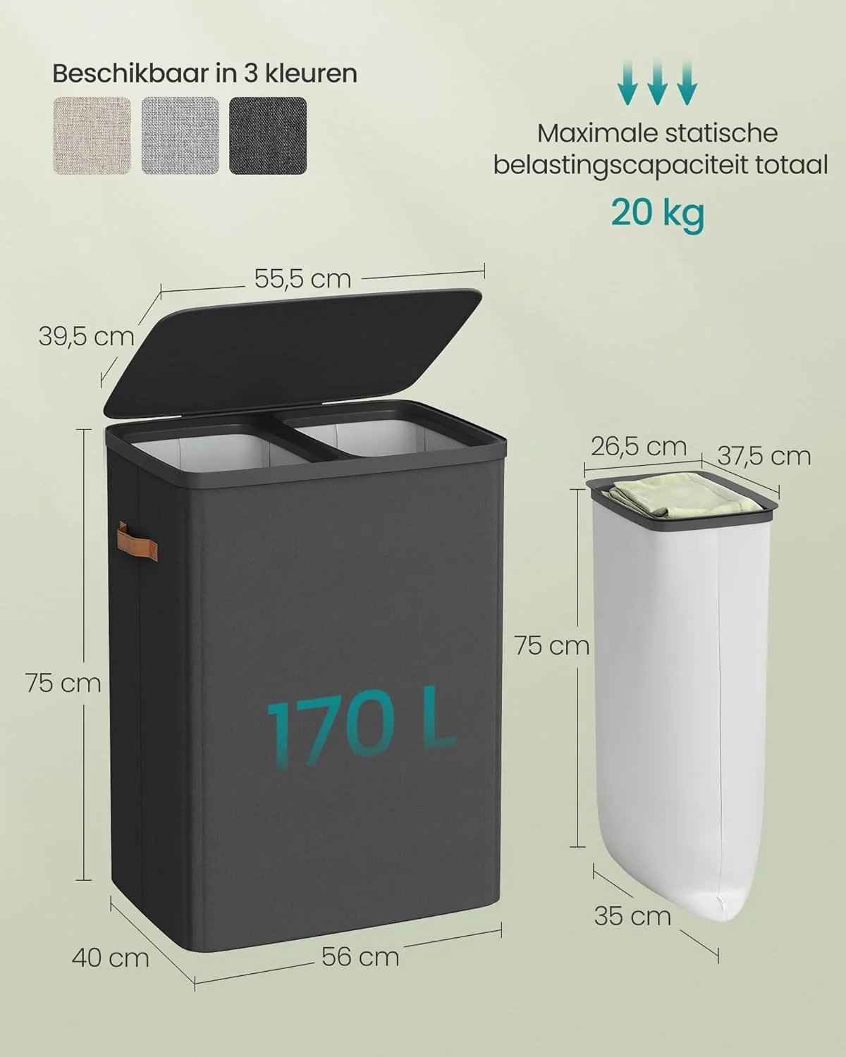 Wasmand met 2 Compartimenten – 170 Liter – Met Deksel en Handgrepen - Image 4