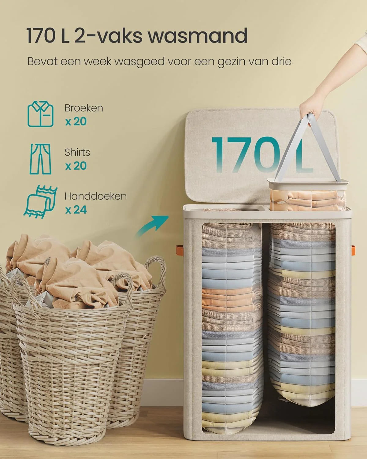 Wasmand met 2 Compartimenten – 170 Liter – Met Deksel en Handgrepen - Image 6
