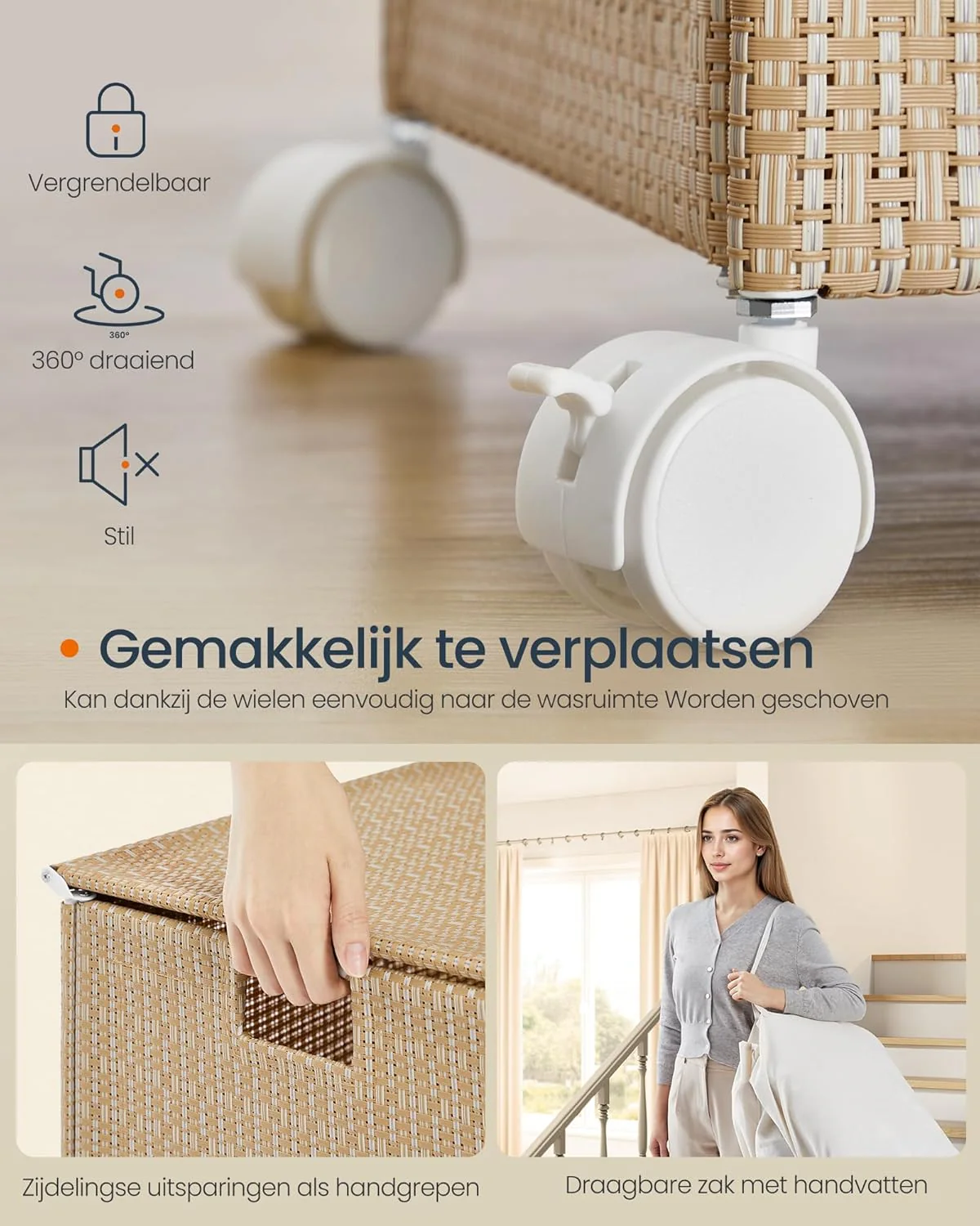 Wasmand met 3 Compartimenten – 140 L – Met Wielen, Deksel en Uitneembare Waszak – Rotan Look – Natuurlijk Beige - Image 5