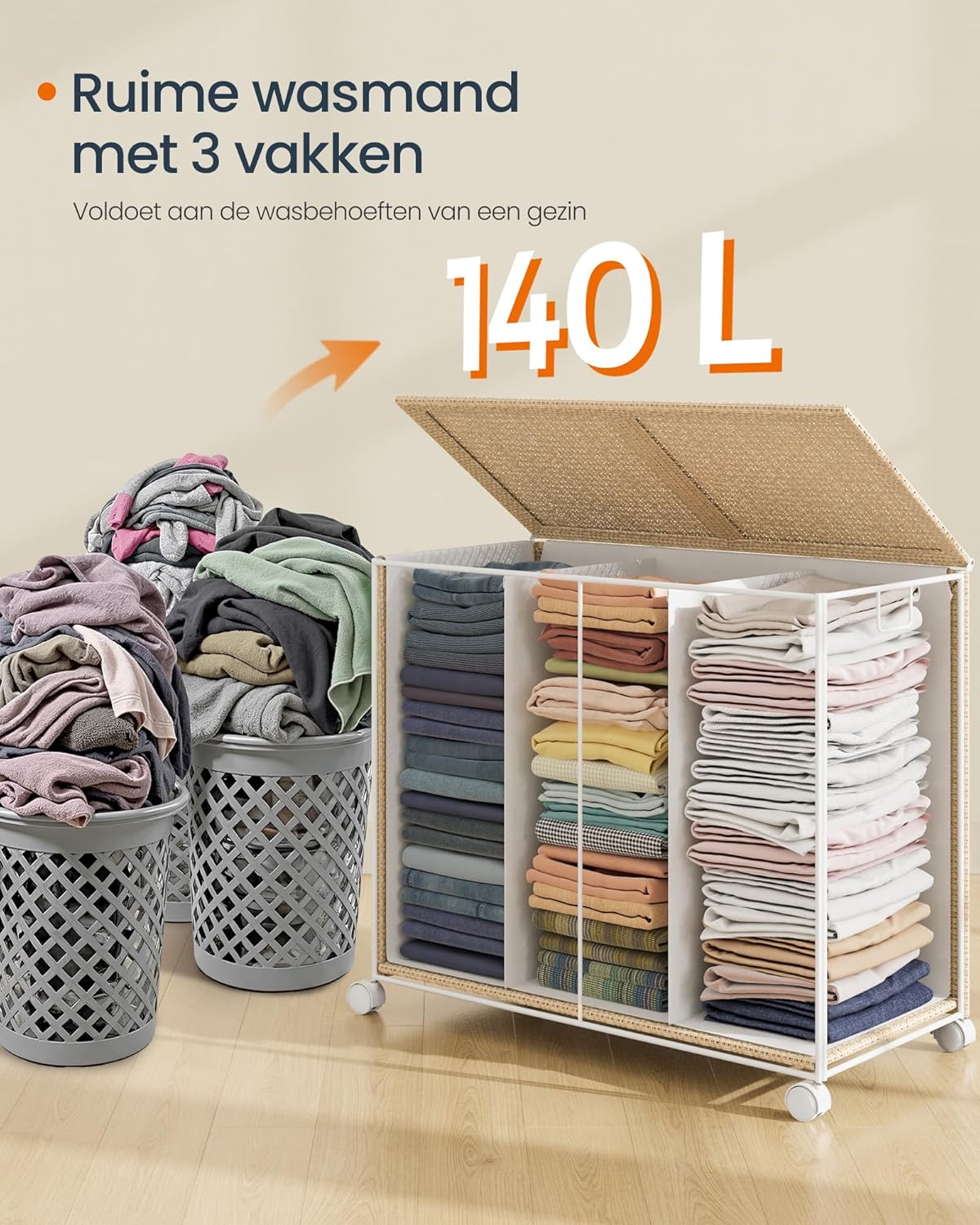 Wasmand met 3 Compartimenten – 140 L – Met Wielen, Deksel en Uitneembare Waszak – Rotan Look – Natuurlijk Beige - Image 6