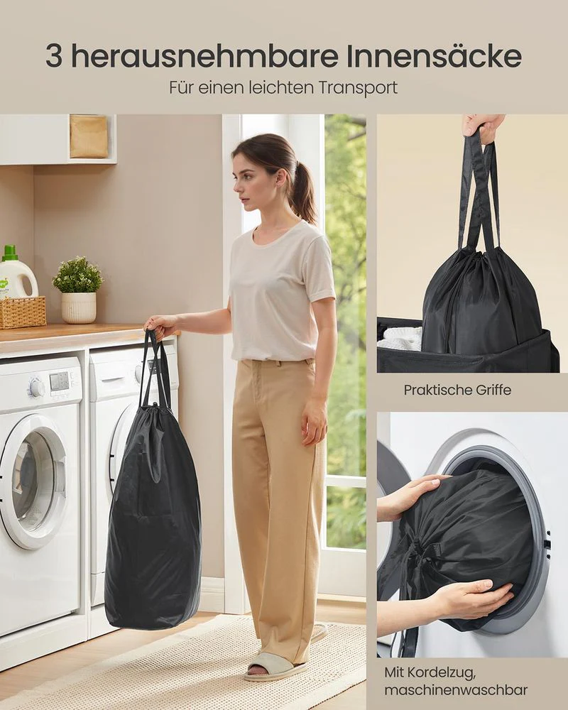 Wasmand met 3 Compartimenten – 160L/210L – Uitneembare Binnenzak – Met Deksel - Image 10