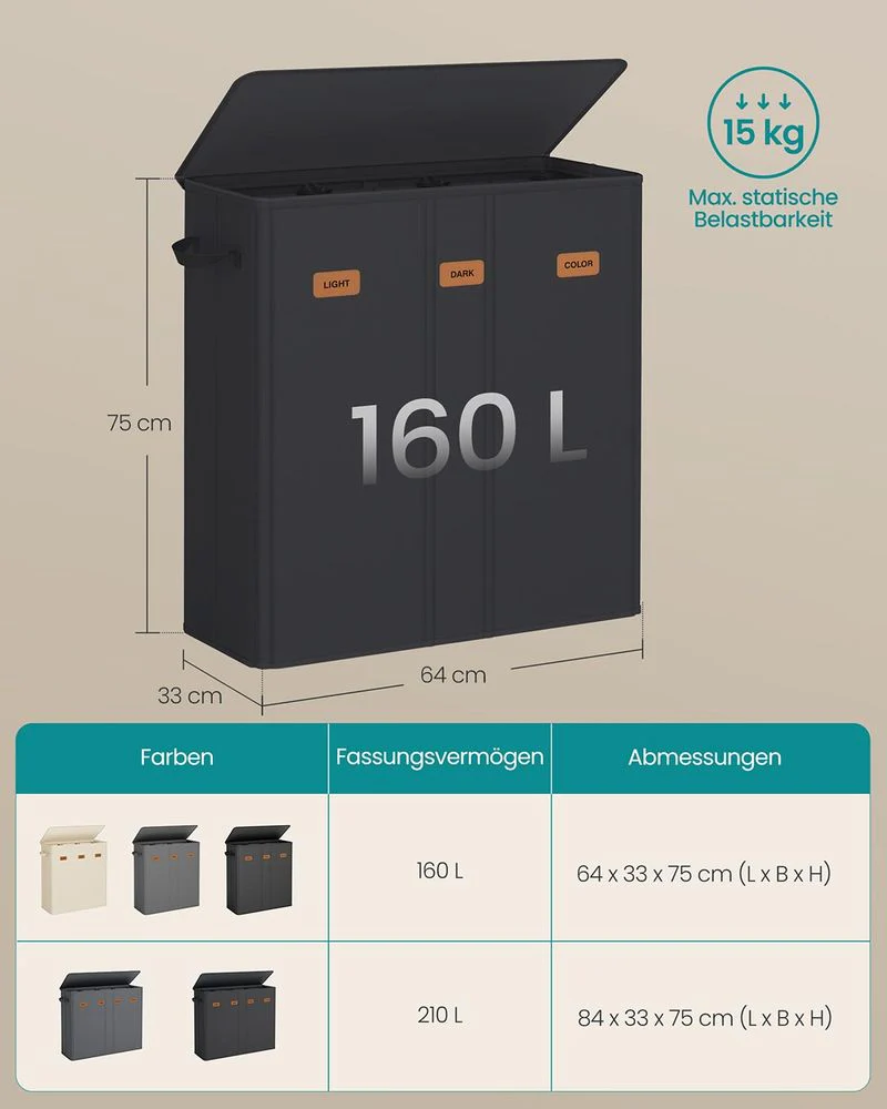 Wasmand met 3 Compartimenten – 160L/210L – Uitneembare Binnenzak – Met Deksel - Image 11