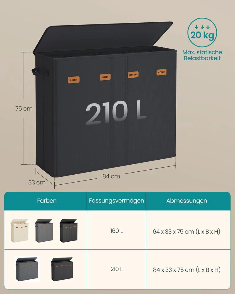 Wasmand met 3 Compartimenten – 160L/210L – Uitneembare Binnenzak – Met Deksel - Image 12