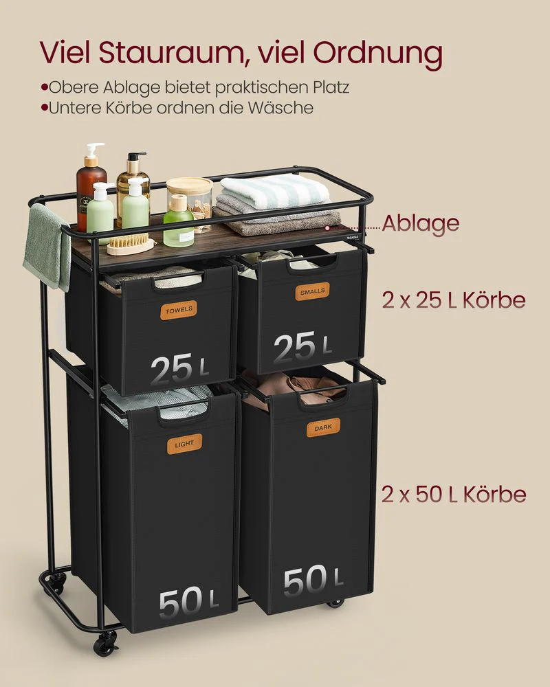 Wassorteerder met 4 Mandjes en Wielen – Waswagen met Labels en Bovenplank – 150 Liter – 72 cm Breed – Tot 39 kg Draagvermogen - Image 3