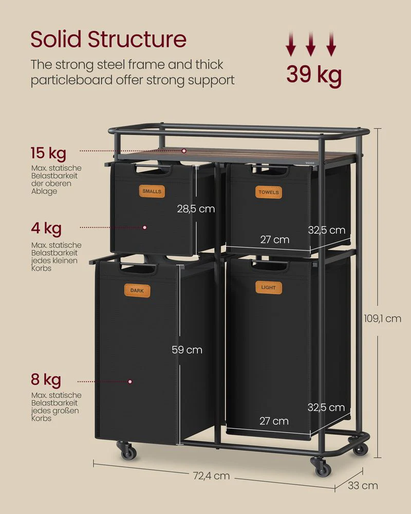 Wassorteerder met 4 Mandjes en Wielen – Waswagen met Labels en Bovenplank – 150 Liter – 72 cm Breed – Tot 39 kg Draagvermogen - Image 6