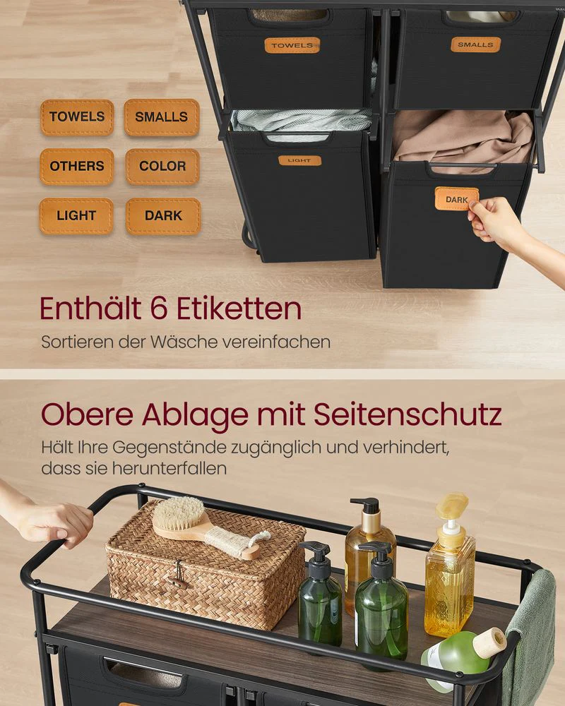 Wassorteerder met 4 Mandjes en Wielen – Waswagen met Labels en Bovenplank – 150 Liter – 72 cm Breed – Tot 39 kg Draagvermogen - Image 7