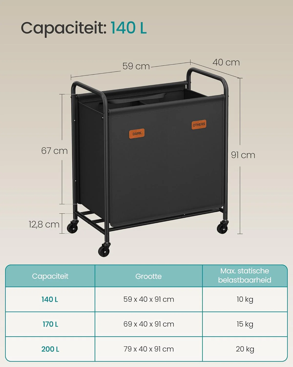 Wassorteerder op Wielen – 2 Compartimenten – Met Handgrepen, Labels en Deksel – 140/170/200 Liter - Image 4