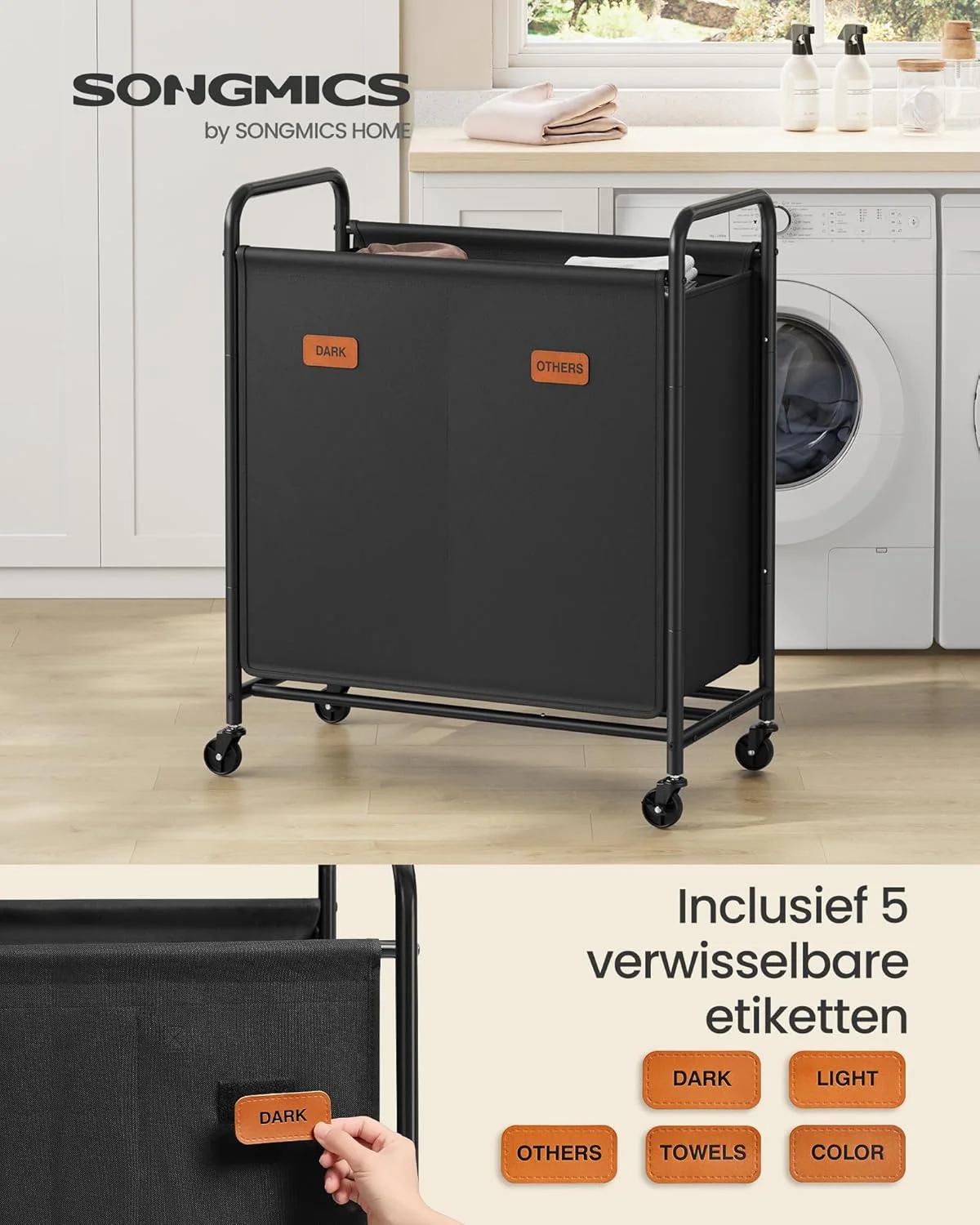 Wassorteerder op Wielen – 2 Compartimenten – Met Handgrepen, Labels en Deksel – 140/170/200 Liter - Image 5