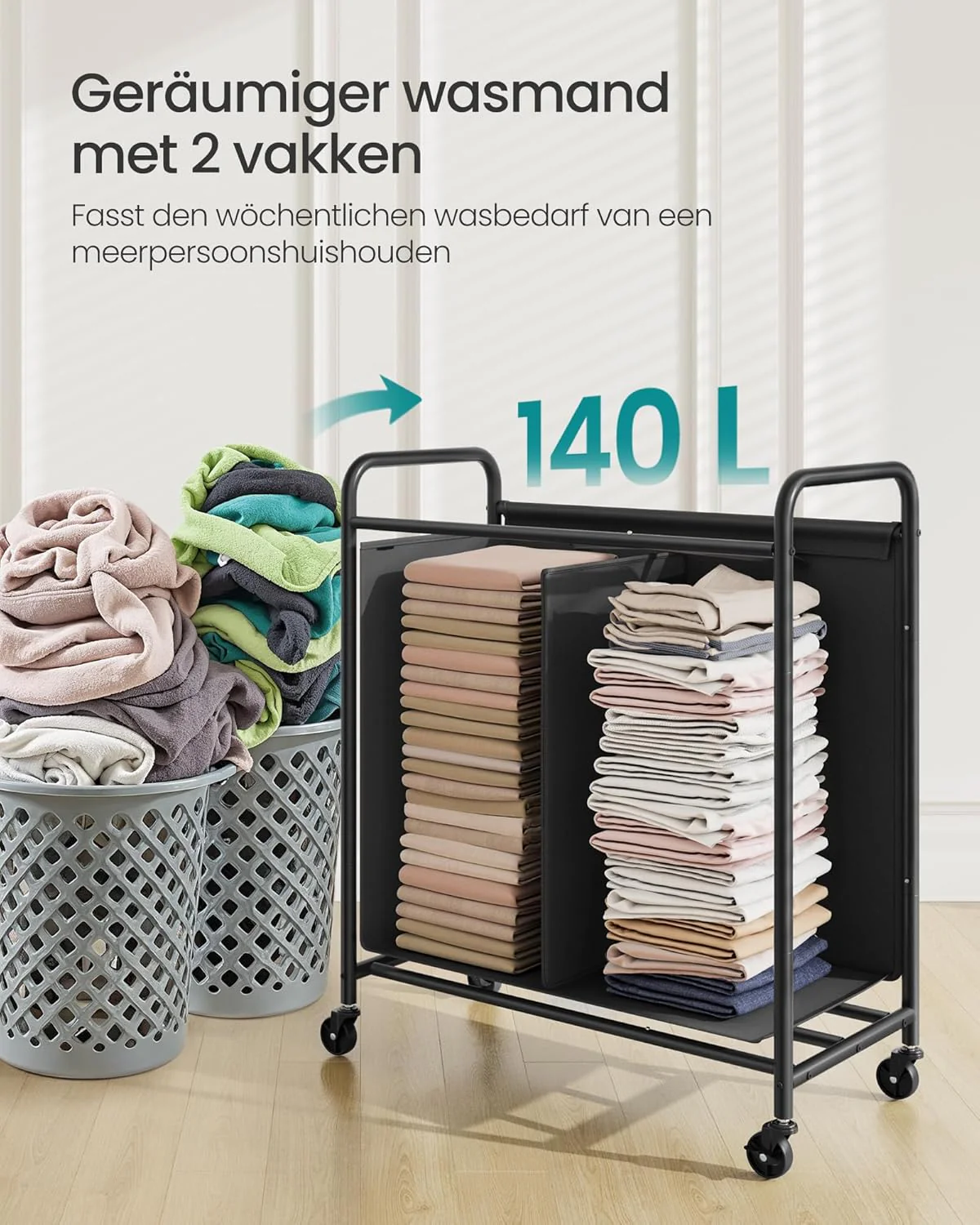 Wassorteerder op Wielen – 2 Compartimenten – Met Handgrepen, Labels en Deksel – 140/170/200 Liter - Image 6