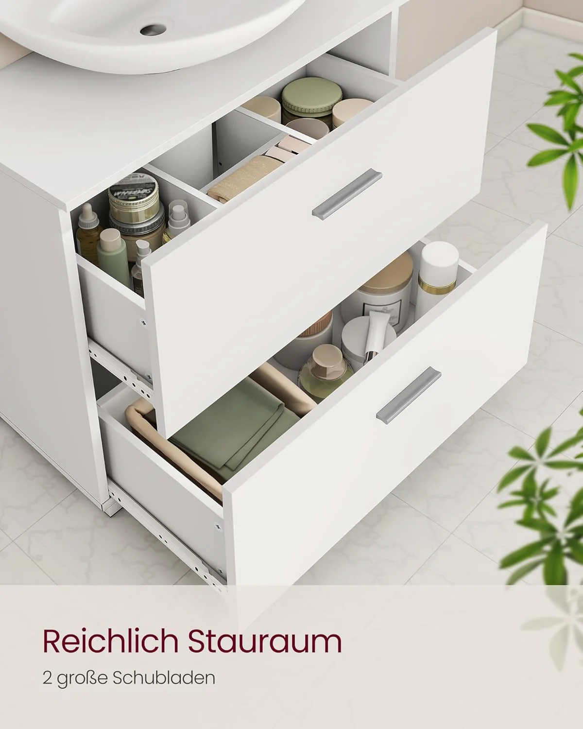 Wastafelonderkast 60 cm Wit – Badkamermeubel met 2 Lades en Hoge Poten – 30 x 60 x 63,8 cm - Image 5