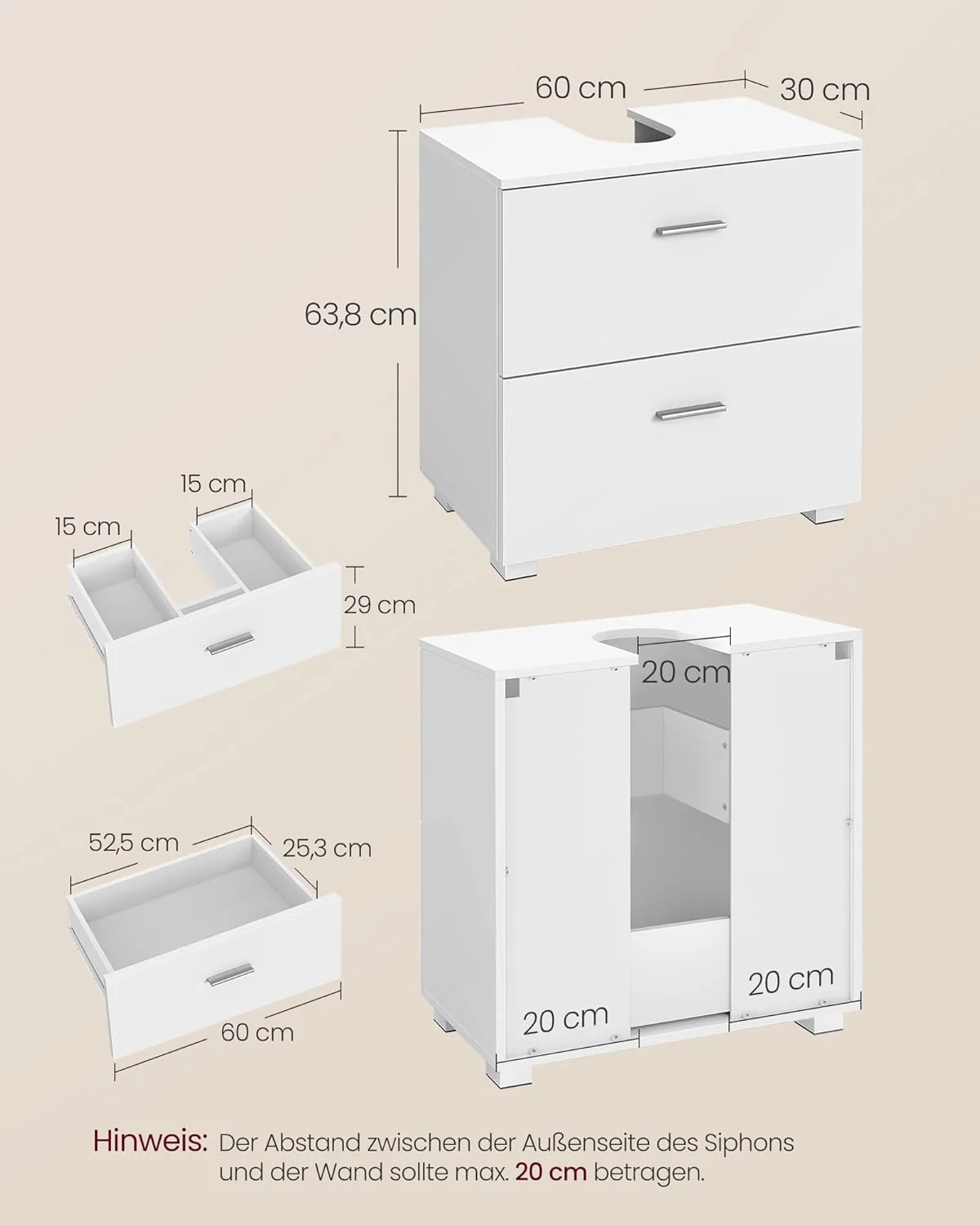 Wastafelonderkast 60 cm Wit – Badkamermeubel met 2 Lades en Hoge Poten – 30 x 60 x 63,8 cm - Image 6