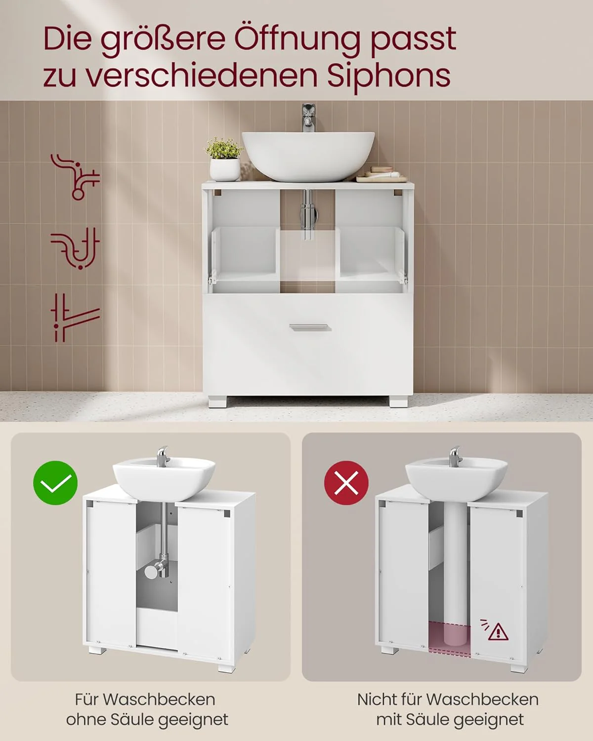 Wastafelonderkast 60 cm Wit – Badkamermeubel met 2 Lades en Hoge Poten – 30 x 60 x 63,8 cm - Image 7