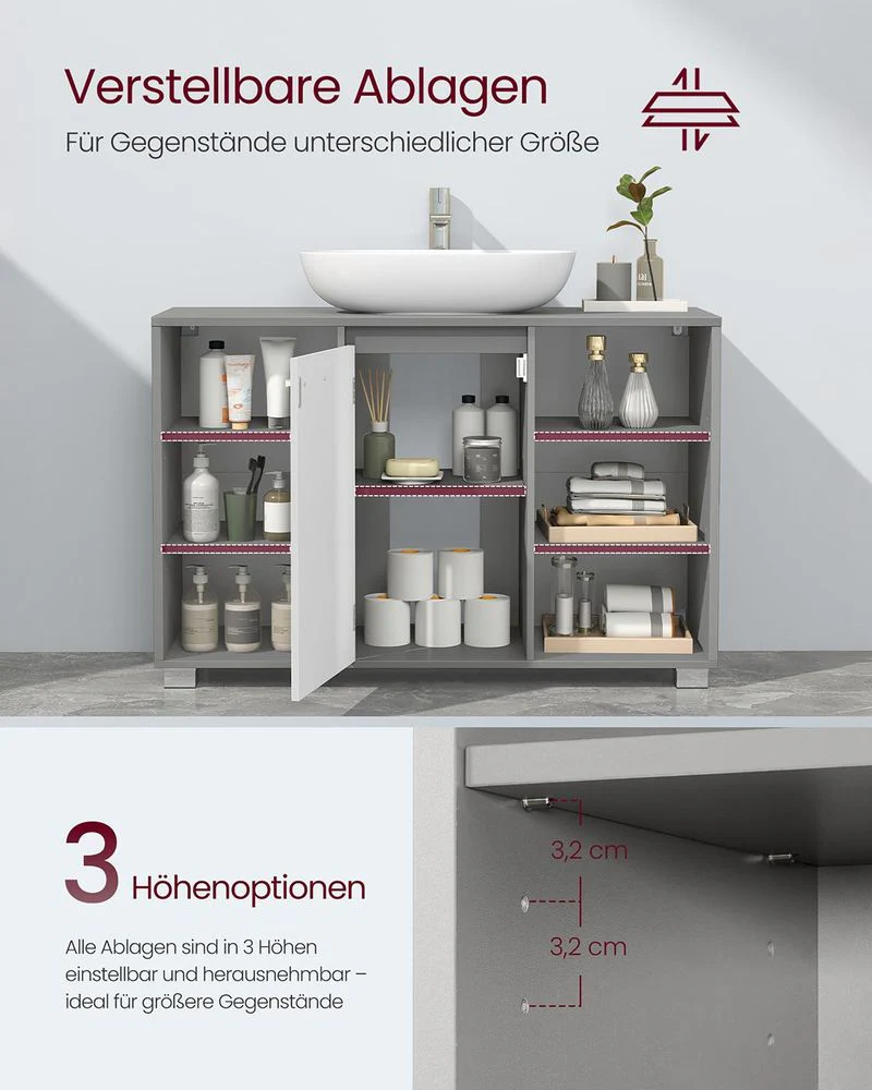 Wastafelonderkast – Grijs/Wit – 6 Open Vakken & 2 Deurvakken – Verstelbare Planken - Image 4