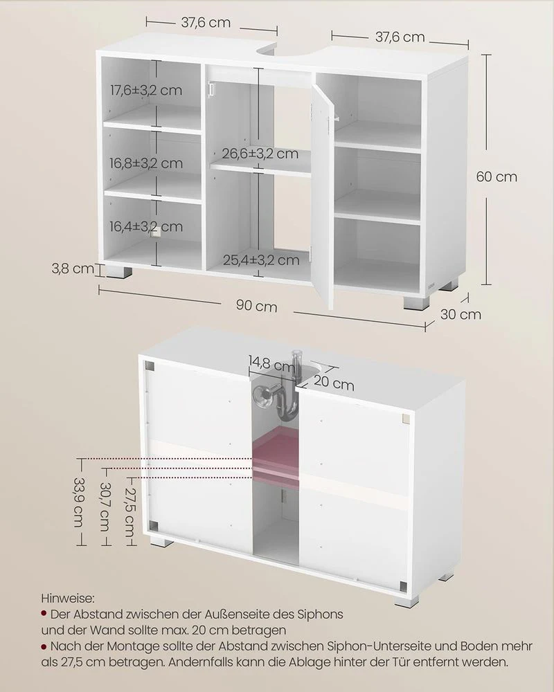 Wastafelonderkast – Grijs/Wit – 6 Open Vakken & 2 Deurvakken – Verstelbare Planken - Image 6