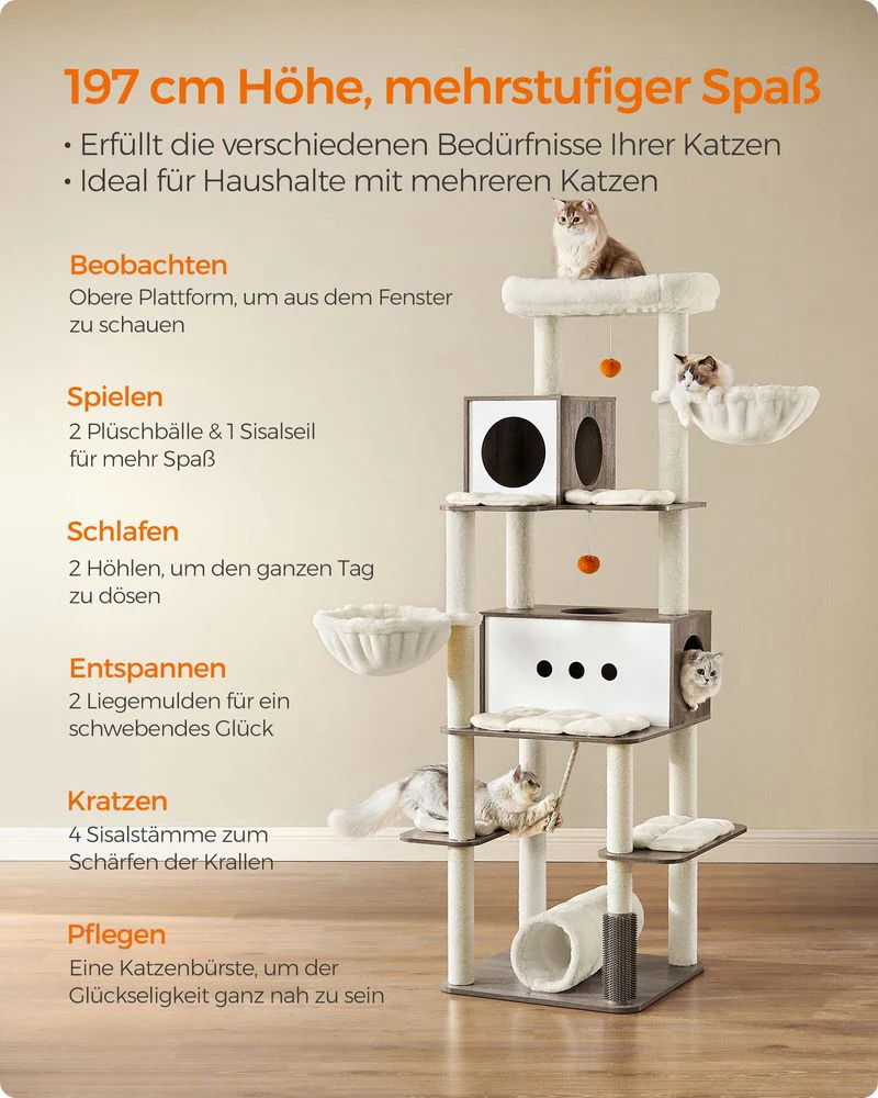 XXL Kattenkrabpaal – Luxe Krabtoren voor Meerdere Katten met Tunnel, Hangmanden en Speelballetjes - Image 9