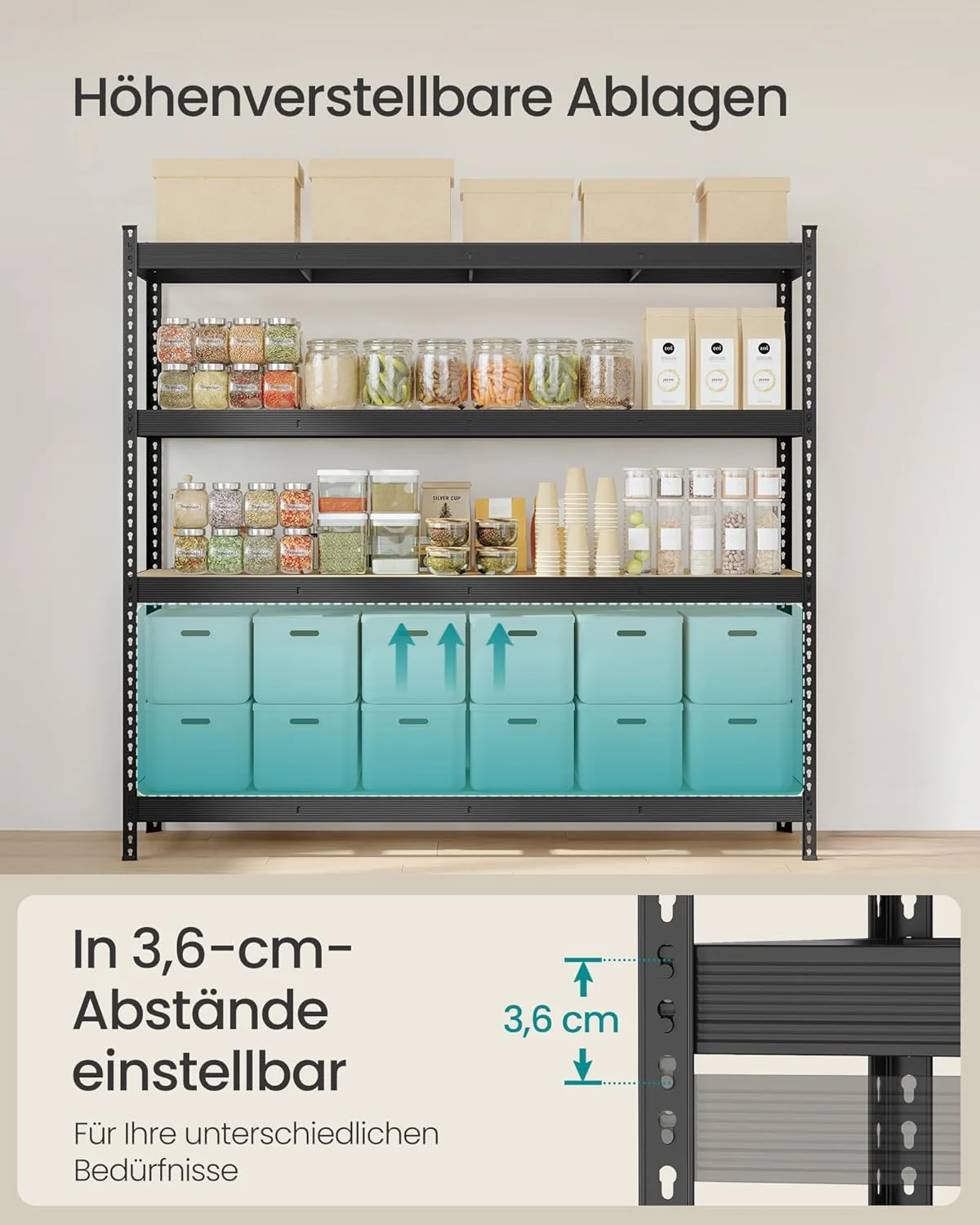 Zwaar Opbergrek – Industriële Stijl – 4 Verstelbare Planken – Tot 2000 kg Draagkracht – 200 cm Breed – Zwart - Image 5