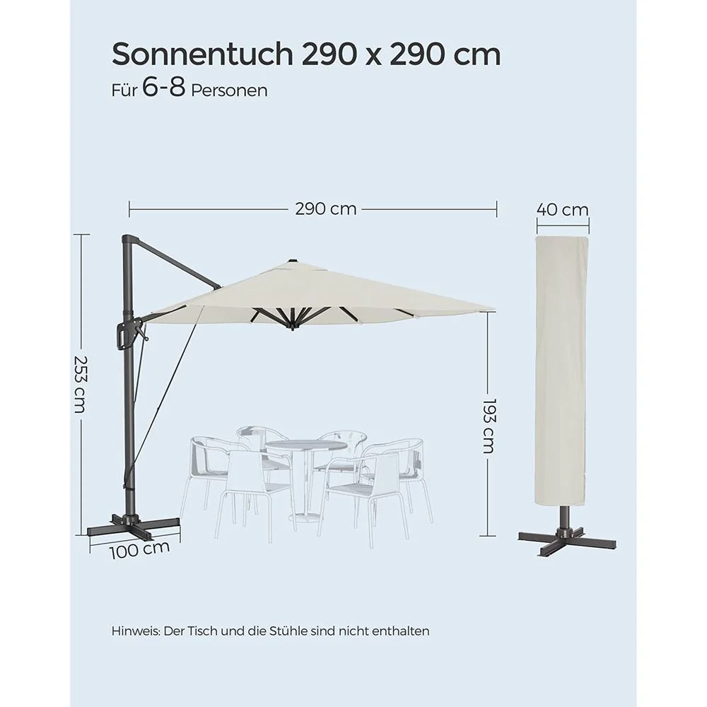 Zweefparasol 290 x 290 cm – 360° Draaibaar – Verstelbare Hellingshoek – UPF 50+ – Met Standaard En Beschermhoes - Image 10